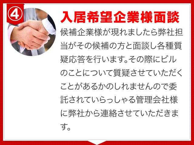 候補企業様が現れましたら弊社担当がその候補の方と面談し各種質疑応答を行います。その際にビルのことについて質疑させていただくことがあるかのしれませんので委託されていらっしゃる管理会社様に弊社から連絡させていただきます。