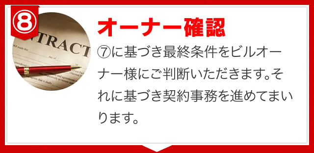 ⑦に基づき最終条件をビルオーナー様にご判断いただきます。それに基づき契約事務を進めてまいります。